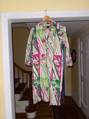 Talbots Pink & Green Geometric Floral Midi Shirt Dress
